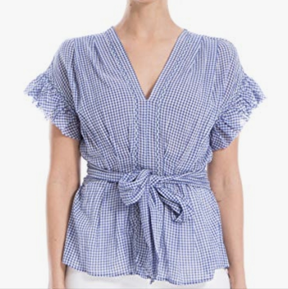Max Studio Gingham Cotton Ruffle Sleeve Waist Tie Blouse Top